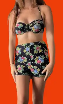 Vintage 60’s style black bikini top and swim short bottoms  with floral print 🔥