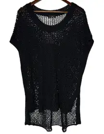 Ruti Linen Blend Open Knit Black Short Sleeve Tunic Sweater size S / M