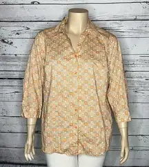 Jones New York Woman Size 2X Orange & Blue Geometric Print Button Down Shirt Top