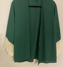 Christian Caliendo Flounce Lace Sleeve‎ Chiffon Cardigan Shrug Emerald Green Med