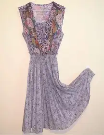 Purple Grey Floral Summer Dress Midi Vintage