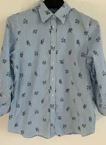 Chaps Womens Button Down Blue Non-Iron Floral 100% Cotton Shirt Size Large