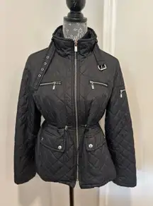 Michael Kors Petite Large Black Quilted Moto Jacket. Double Zip. Cinched Waist