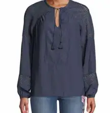 Ramy Brook Winnie Peasant Crochet Blouse in Navy Blue Small