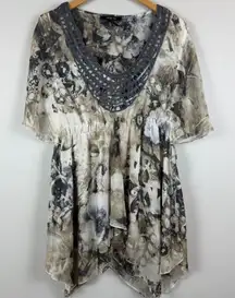 Y2K Style & Co Top Women's Large Ivory Gray Chain Sequin Fairy Asymmetrical