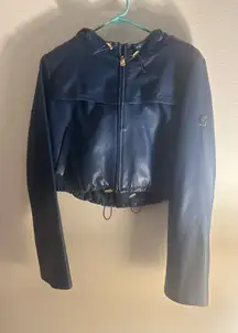 BCBGMAXAZRIA Blue Cropped Hooded Leather Jacket XS