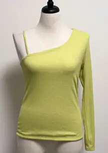 Sweet Rain Lime Silver One Shoulder Waffle Knit Top Metallic Silver Sparkles