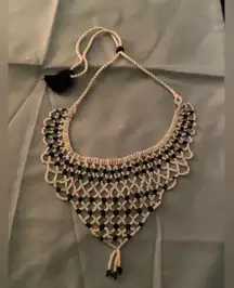 22” Collar Bib Necklace Black & White Tiny Beads V Shape X Pattern Boho