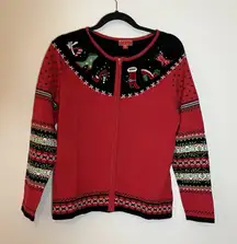 Target Vintage Zip Up Red Ugly Christmas Shoes Bells Cardigan Sweater Size M