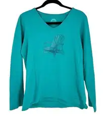 Life is Good  turquoise V-neck long sleeve crusher Shirt Adirondack chair medium