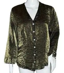 Cut Loose Shirt Womens Medium Green Iridescent Button Up Crinkle Shimmer Artsy