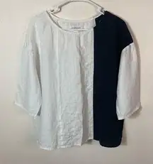 peck&peck Color Block Linen Short Sleeve Blouse size L Black White Boxy