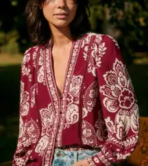 Sezane Tally Blouse Red and Ecru Floral Size 44 (12) EUC