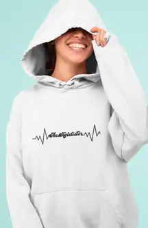 YOUR Business Name In Heartbeat Custom White Long Sleeve Graphic Hoodie Sweater