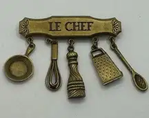 JJ JONETTE LE CHEF Gold Tone Vintage Brooch Pin Culinary Whimsical Cottage