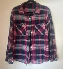 Sanctuary Women's Red/Blue /white  Plaid‎ Button Up Boyfriend  Shirt Size L
