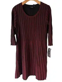 Nina Leonard Dress Midi A Line Womens Medium Red Black Ribbed Shimmer 3/4 Sleeve