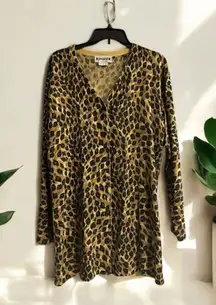 Vtg Joan Leslie Women’s M Tunic Cardigan Brown Black Leopard Print Acrylic