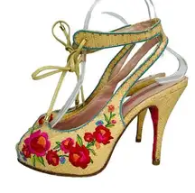 Betsey Johnson  Bright Floral Embroidered Heel Peep Toe Sandals Ankle Wrap Tie