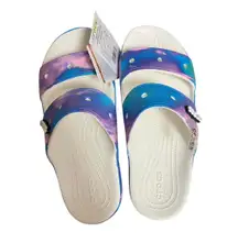 Crocs Sandals Mens 9 Womens 11 White Colorful Print Waterproof Slide Charm