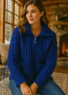 Aran Crafts 100% Merino Wool Blue Zip Front Sweater Size XXS