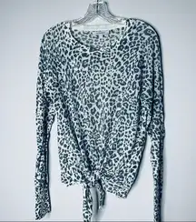 Olivaceous wool blend leopard print tie front sweater Large