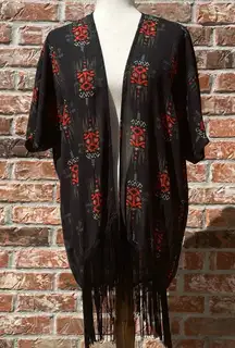 Romeo & Juliet Couture boho black/red fringe tribal print kimono/ L / EUC