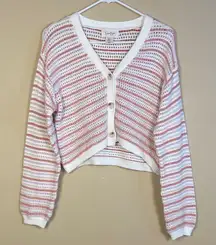 Jessica Simpson Women’s Crochet Knit Striped Cropped Button-Up Cardigan Sweater