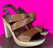 Massimo Dutti Brown Leather Wood Block Heel Platform Sandal Sz 6