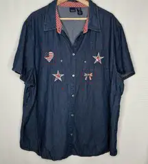 VTG Denim Shirt Embroidered Womens 3X Stars USA‎ Country Cottage Granny 90s