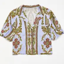 Noah Cropped Crop Peasant Minimal Modern Hipster Paisley Button-Down Boho Top