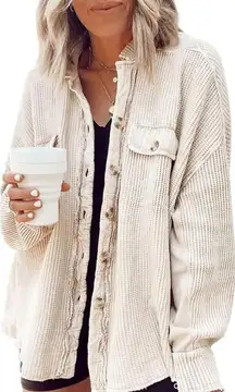 Women's Casual Waffle Knit Shacket Long Sleeve Button Down‎ Shirt Size: Small