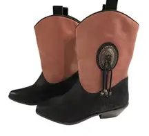 Vtg Dingo Concho Cowboy Boots Women’s 7M Black Tan Suede Fabric Western Rodeo