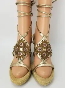 Report Beaded Espadrilles Wedge Platforms Tie Leg Lace Up Straps Sandals Sz 8.5