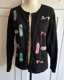 Vintage Talbots Women's Black Cardigan L Embroidered Shoes Patches