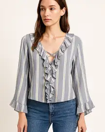 American Eagle NEW Blue White Stripe Ruffle Lace Up Flare Sleeve Boho Y2K Top M
