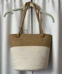 New  Neutral Tan & Cream White Straw Storage Basket Beach Tote Bag