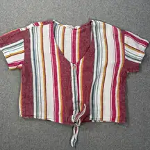 Vanilla Star Linen Blend Knotted Top Women's Large Striped Short Sleeve V-Neck