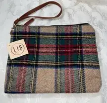 L.I.B. New York Red Tan Plaid Flannel Zip Wristlet Bag 10”X 8.5”