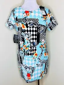 NWT AX Paris Shift Dress 6 Blue Abstract Floral Mini Tropical Chic Casual Sheath