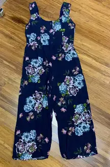 BOG Collective Navy Blue Floral Wide Leg Jumpsuit Tank Pants Women's Size Large