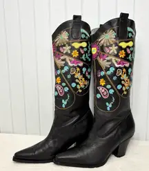 TWO LIPS Chessa Black Embroidered Western Style Leather Boots Size 8