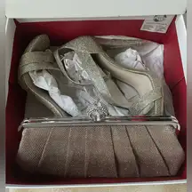 Lulu Townsend gold sparkly high heel, open toe sandal and evening bag bundle;7.5