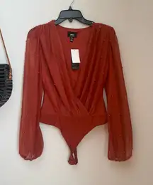 NWT Privy Rust Orange Long Sleeve Wrap Bodysuit, Size Medium