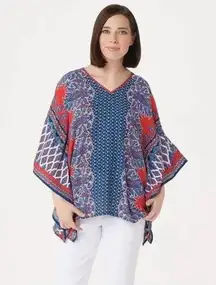 Belle by Kim Gravel Women's Top Bandana Print V-Neck Poncho Blue