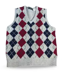 Vintage Lambswool Argyle Sweater Vest Gray Red Navy Preppy Sleeveless Medium