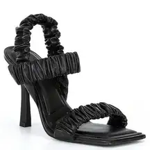 Gianni Bini Vanya Scrunched Square Toe Black Leather Dress Sandal Heels
