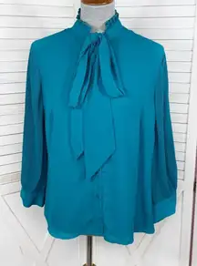 New‎ York & Company Pleated Puff Sleeve Pussybow Tie Neck Blouse Teal Medium