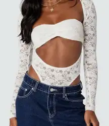 Edikted White Bodysuit Lace Long Sleeve