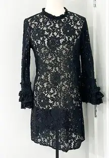 Who What Wear Medium Black Lace Sheer Long Ruffle Sleeve High Neck Dress